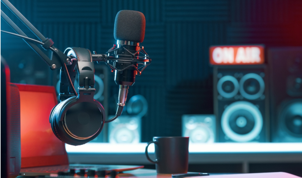 Recording studio, on air with microphone