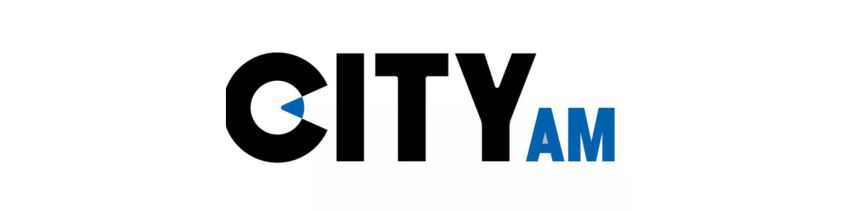 City AM is a logo of a newspaper. Black and Blue in colour. Black word ing with blue