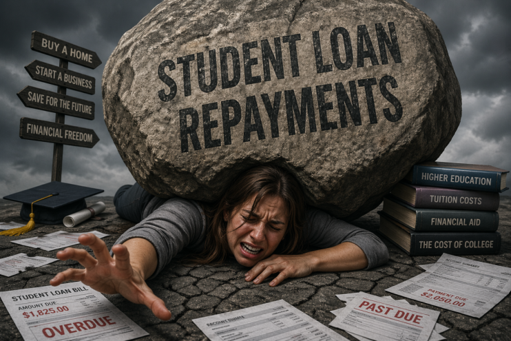 AI Generated image of a woman under a rock which has student loan debt written on it. She is surrounded by unpaid bills and overdue loan statements.