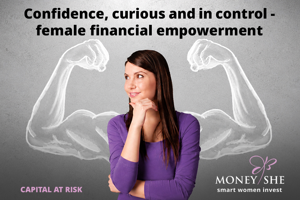 Dark haired lady looking to the site, dressed in purple. Standing in front of a shadow image of a man with muscles. Title across the top of the image Confidence, Curious and in control female financial empowerment. Illustrating Gender Pay Gap