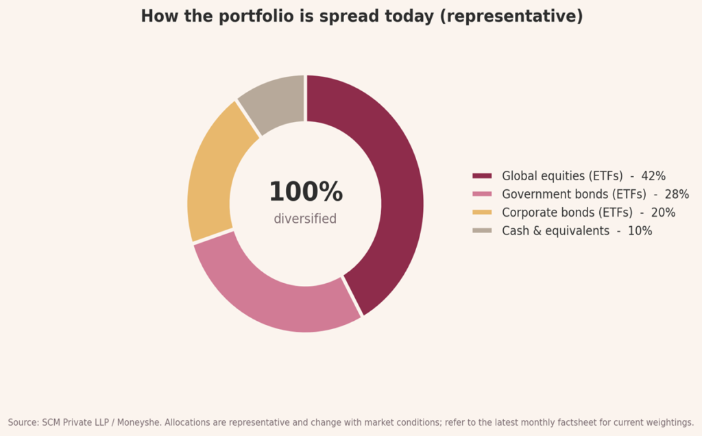 Pie chart showing how the Absolute Portfolio for MoneyShe is spread between equities and bonds